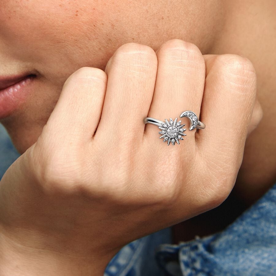 Sparkling Sun & Crescent Moon Open Ring
