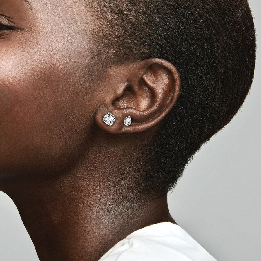 Timeless Elegance Square Sparkle Halo Stud Earrings