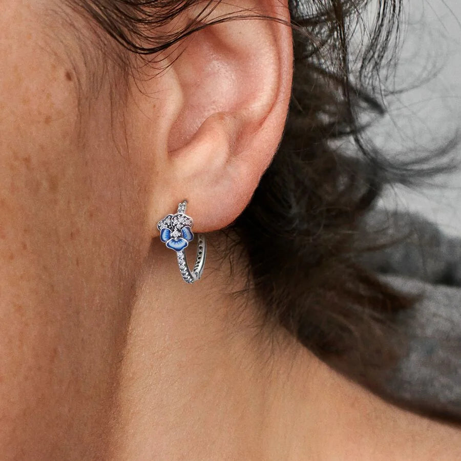 Blue Pansy Flower Hoop Earrings