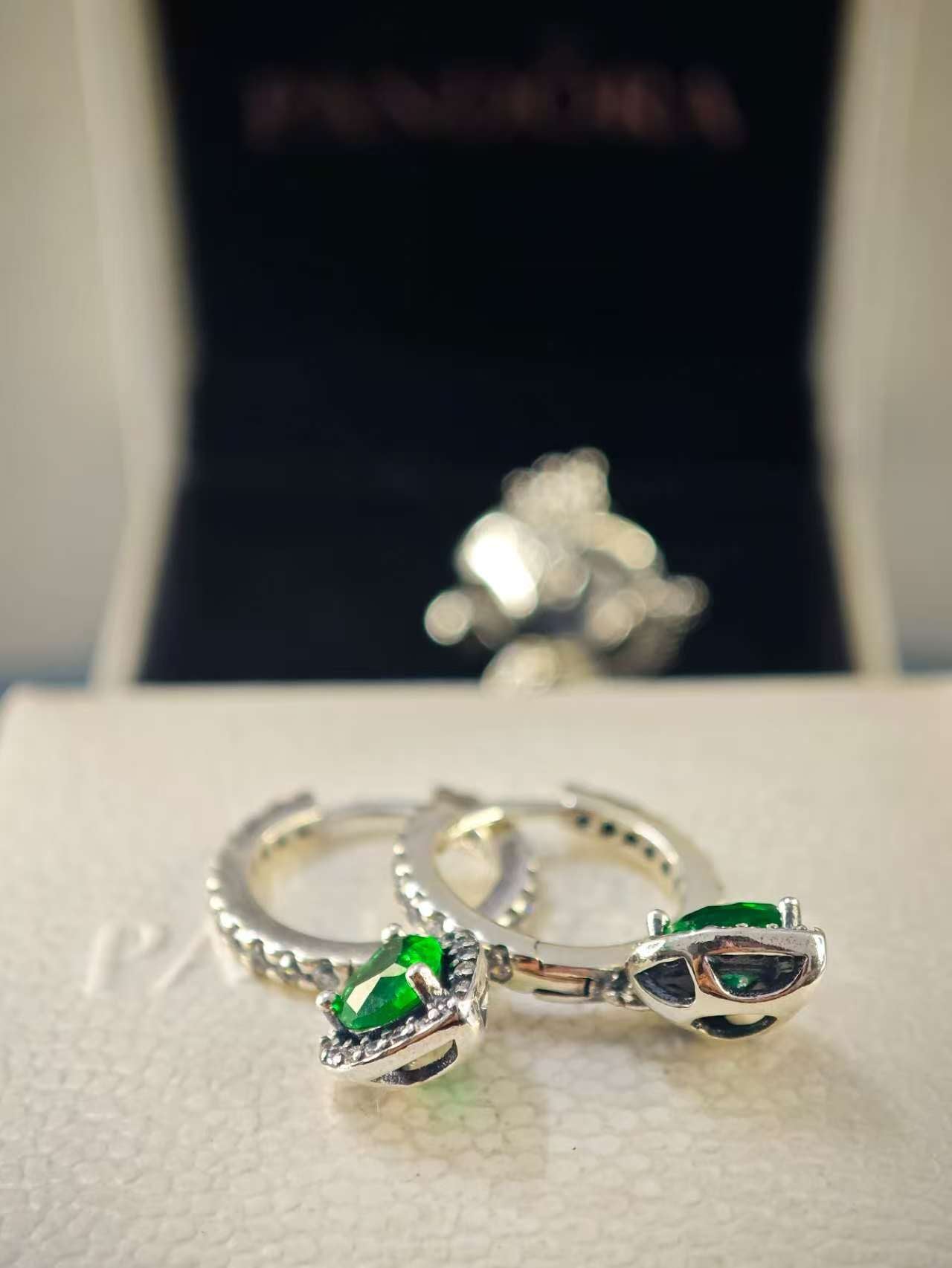 Sparkling Halo Green Heart Hoop Earrings
