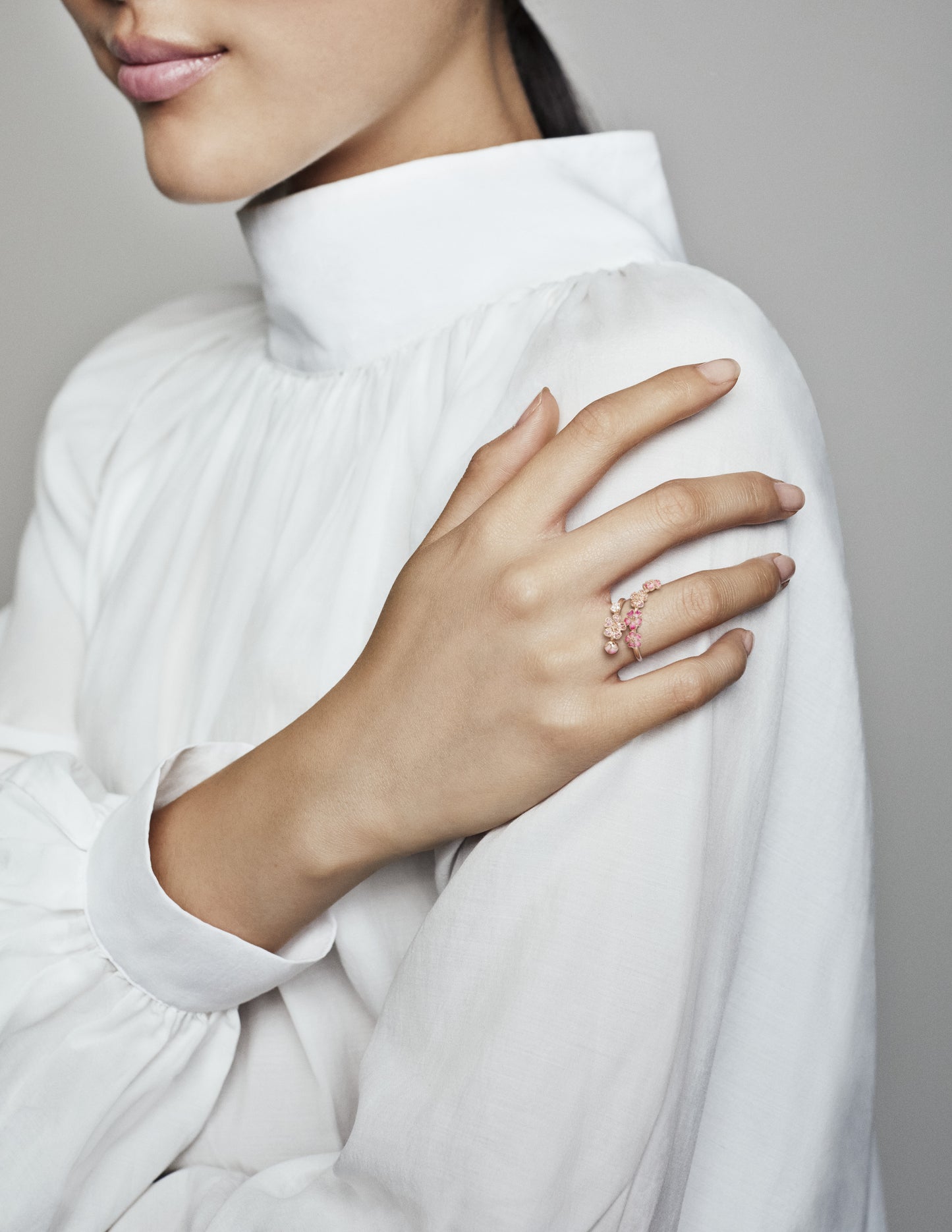 Pink Peach Blossom Flower Branch Open Ring