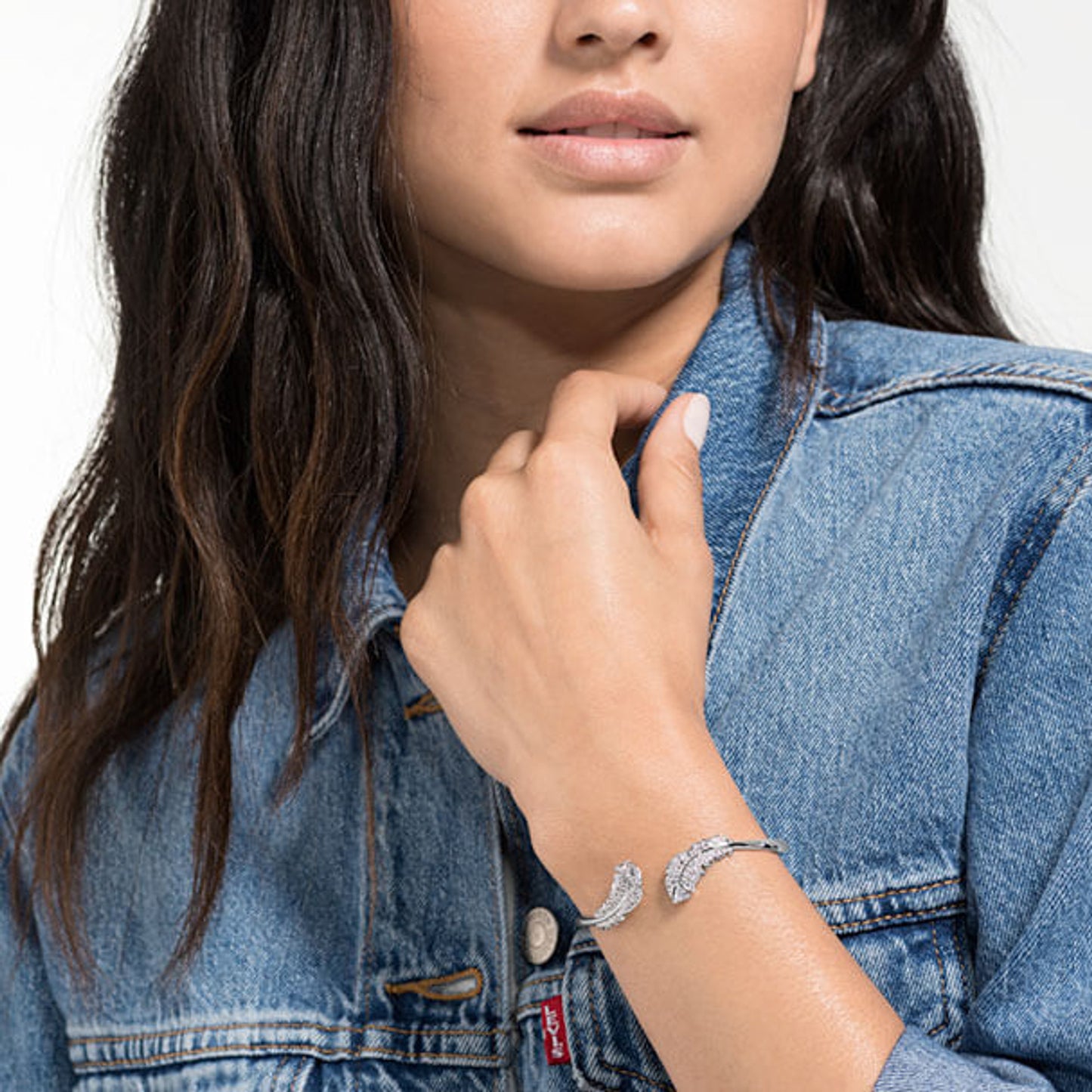 Crystal Nice Bangle, White Feather, Rhodium Plated