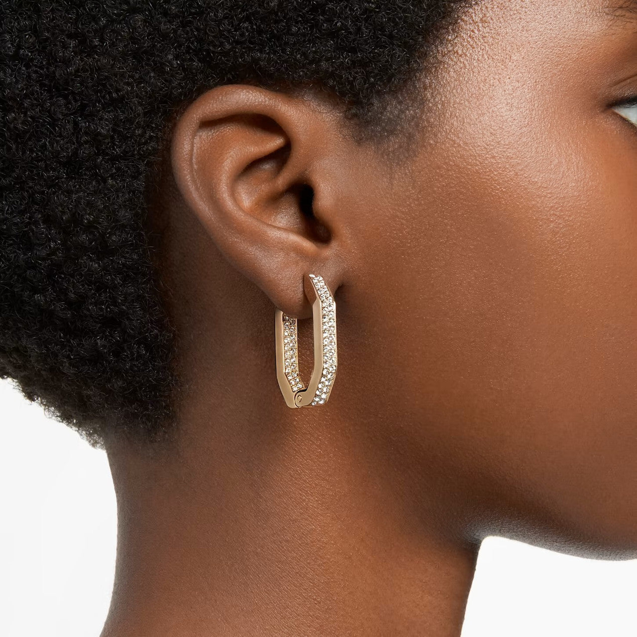 Dextera Hoop Earrings, Octagon, Pavé, Medium, White, Gold-Tone Plated