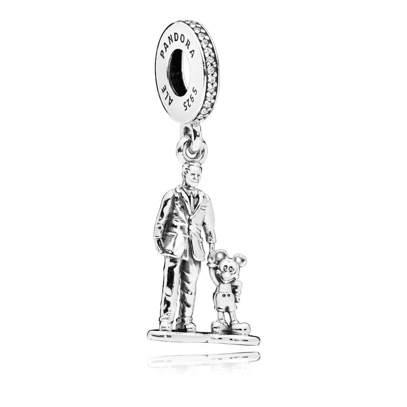 Walt & Mickey Statue Silver Dangle With Clear Cubic Zirconia