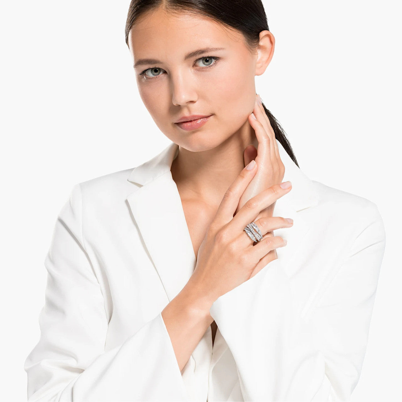 Twist Wrap Ring, Cubic Zirconia, White, Rhodium Plated