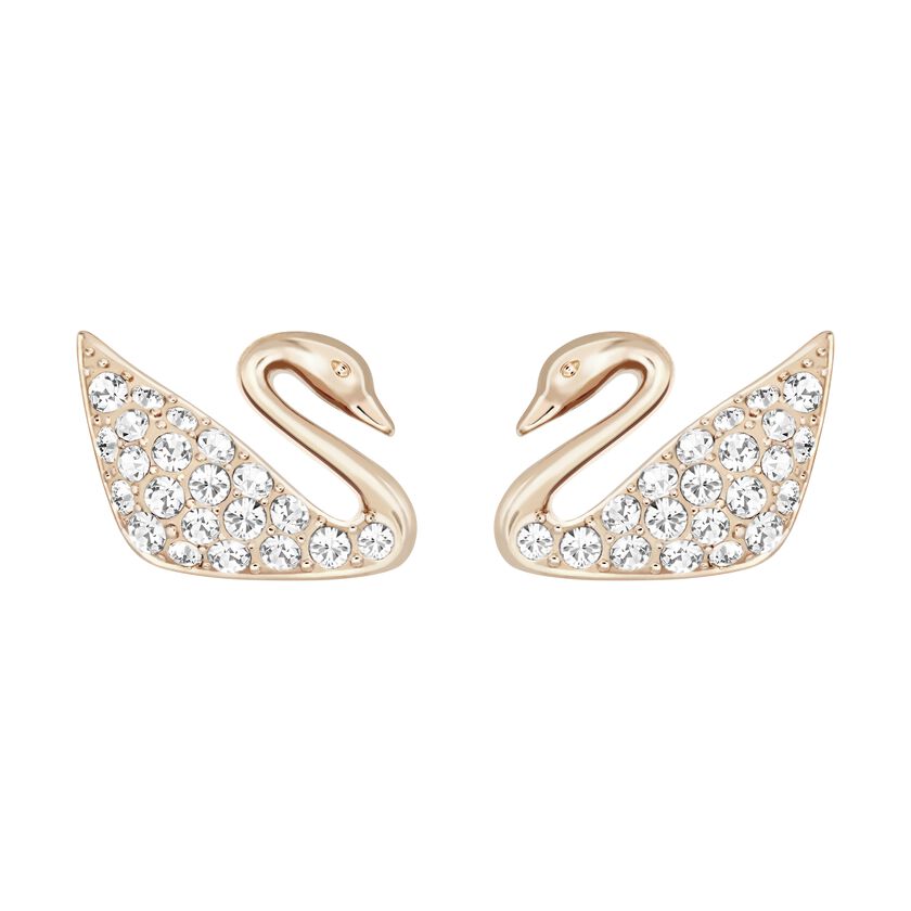 Swan Mini Pierced Earrings, White, Rose Gold Plating