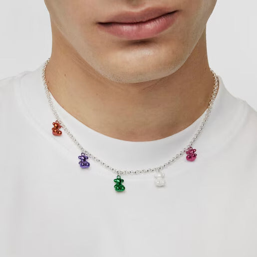 Bold Bear silver Necklace with 5 colored steel bears