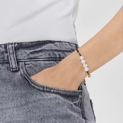 Vermeil Silver Nudos Bracelet with pearls Brown 16CM