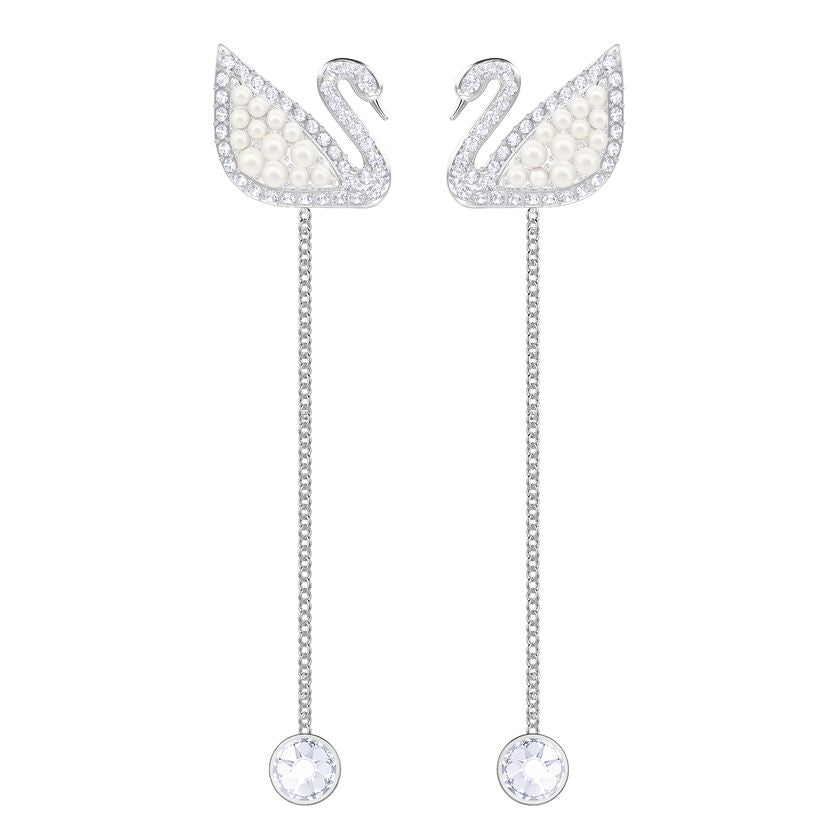 Iconic Swan Pierced Earrings, White, Rhodium Plating
