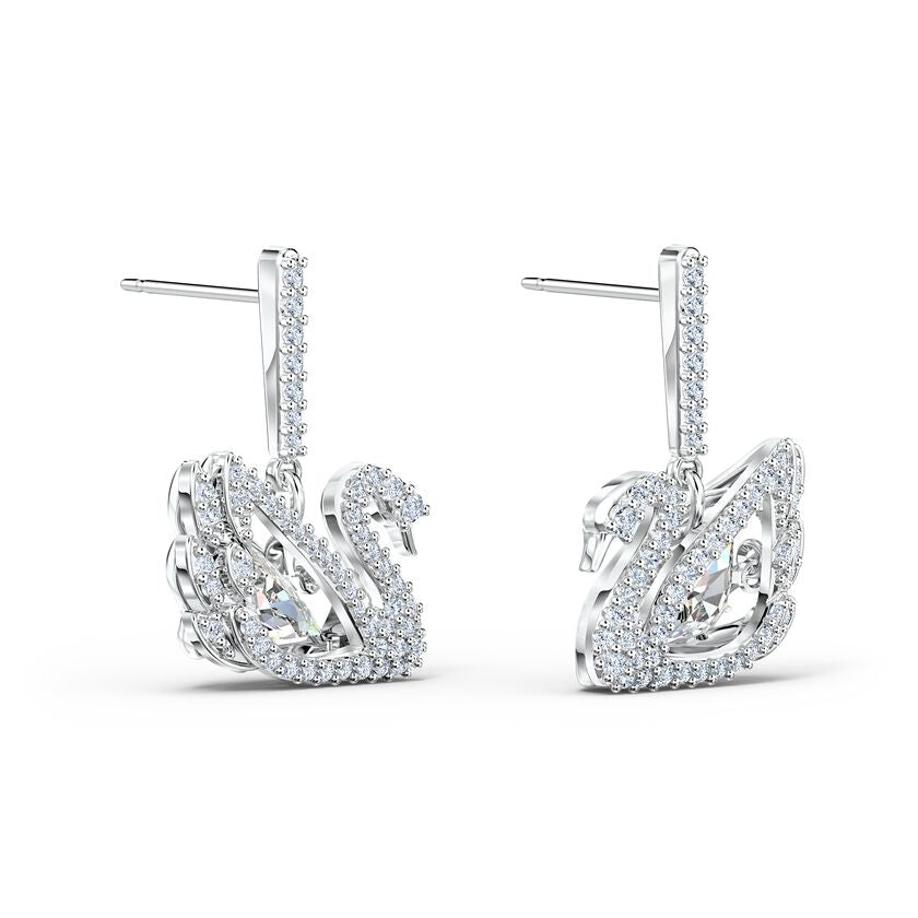 Dancing Swan Pierced Earrings, White, Rhodium plated