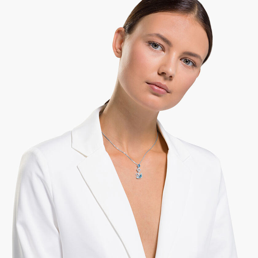 Dazzling Swan Necklace 38CM, Blue, Rhodium plated