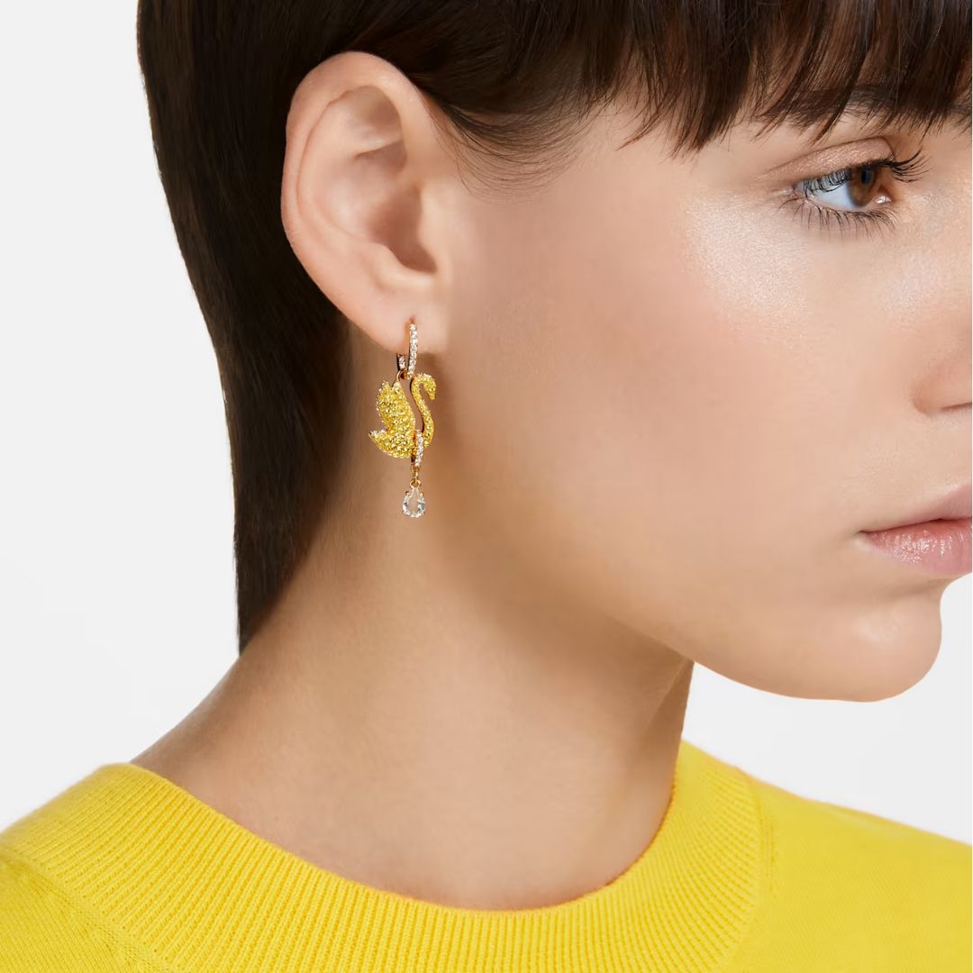 Iconic Swan drop earrings, Swan, Yellow, Gold-tone plated