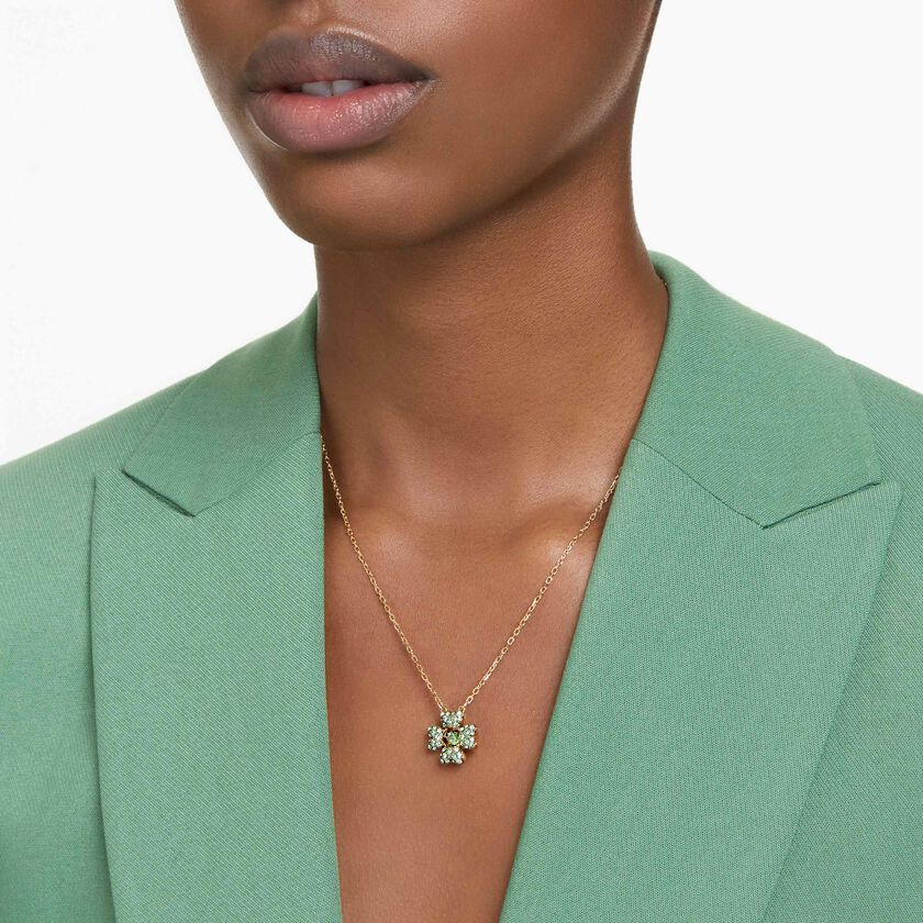 Idyllia Pendant Necklace, Clover, Green, Gold-tone plated