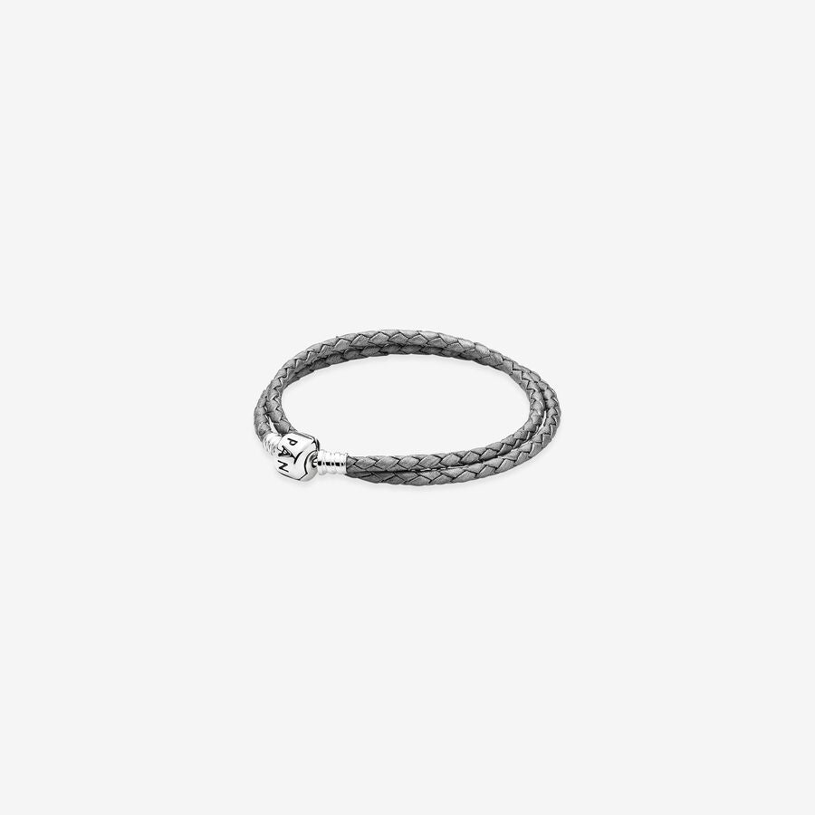 Double Silver-Grey Leather Bracelet