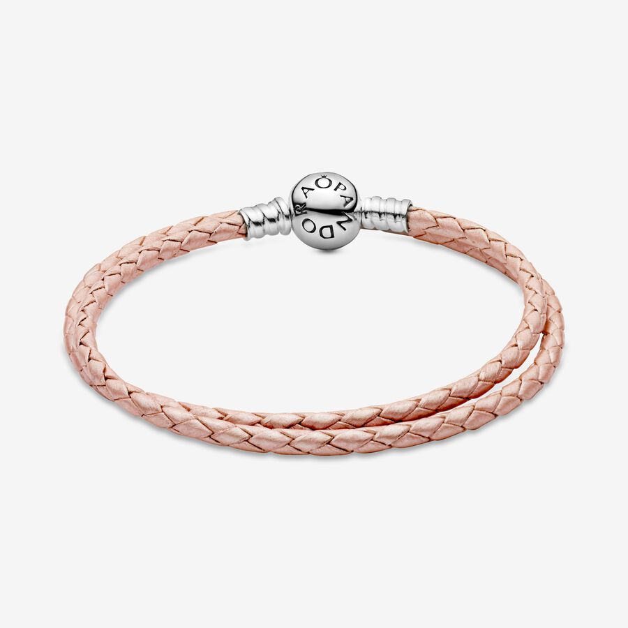 Silver Leather Bracelet, Double, Pink