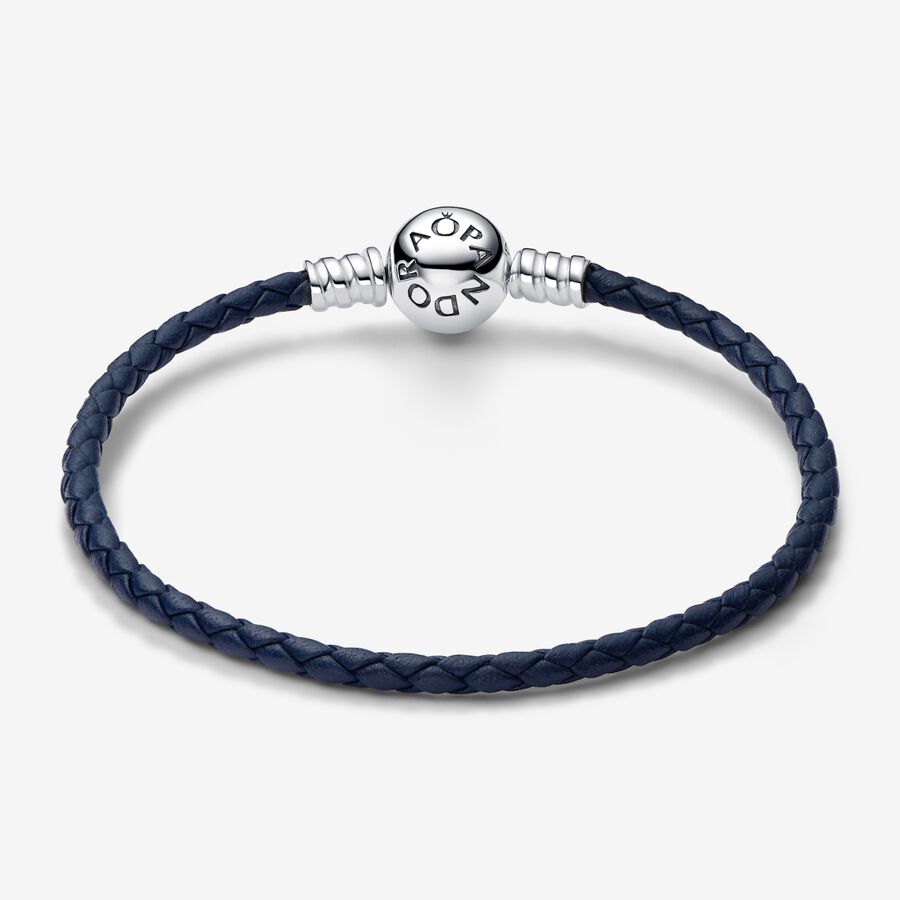 Moments Round Clasp Blue Braided Leather Bracelet