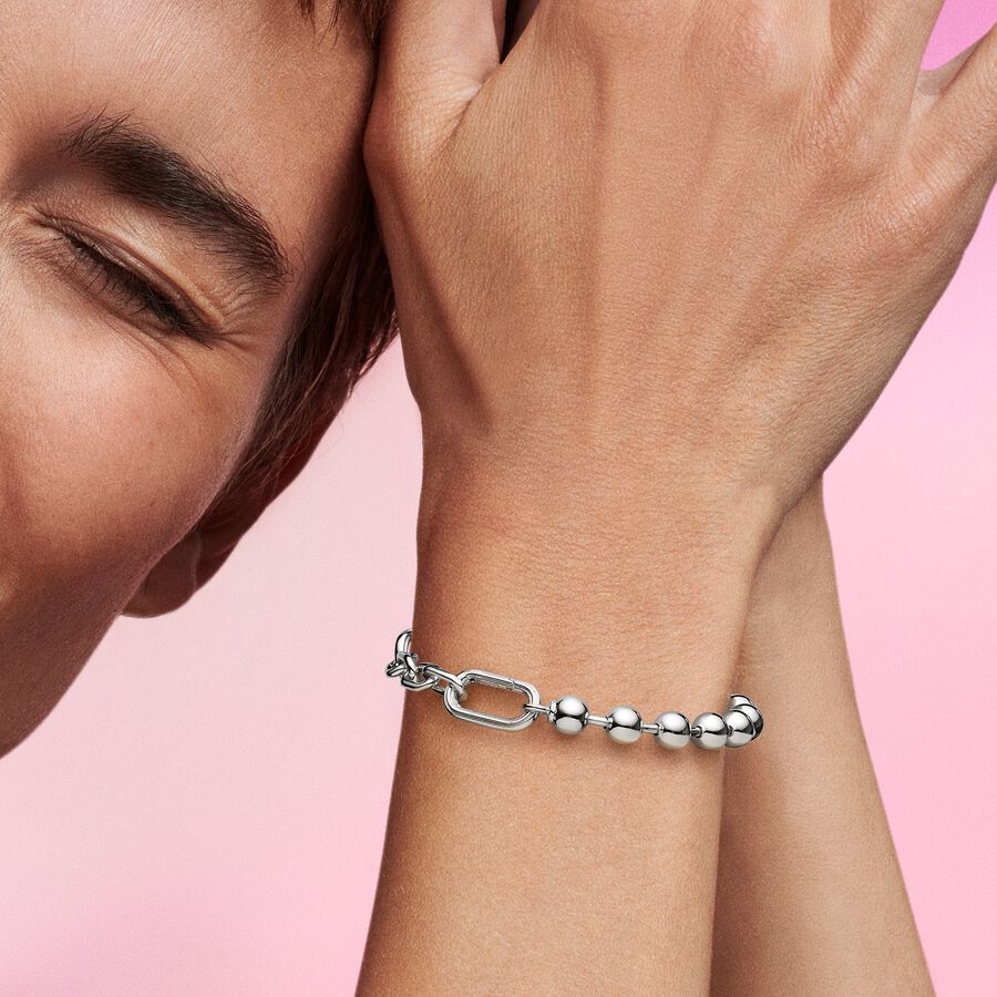 ME Metal Bead & Link Chain Bracelet Sterling Silver