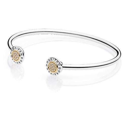 Logo Silver Open Bangle With Gold And Clear Cubic Zirconia