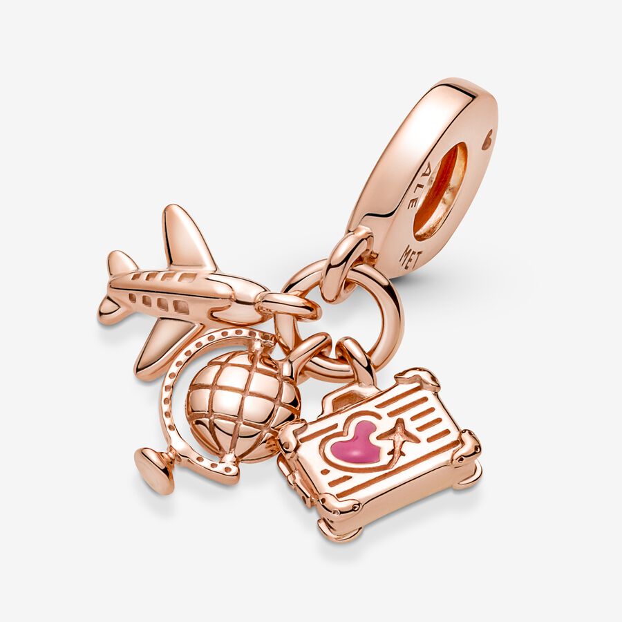 Airplane, Globe & Suitcase Triple Dangle Charm Rose Gold-Plated