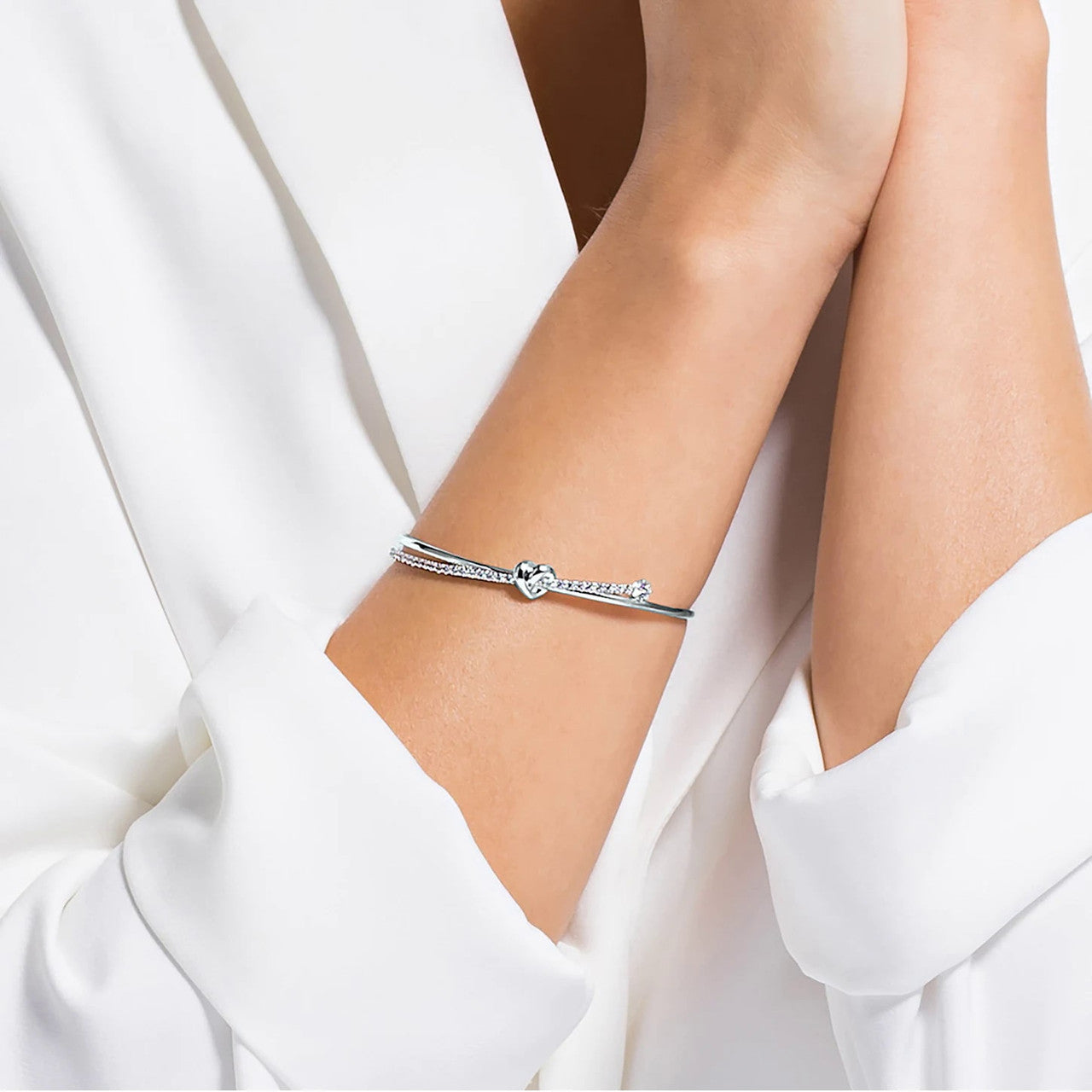 Crystal Lifelong Heart Bangle, White, Rhodium Plated