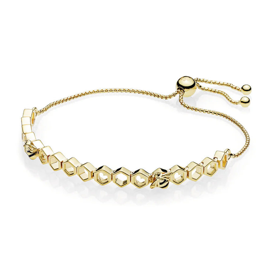 Bee And Honeycomb Gold Plated Bracelet With Black Enamel