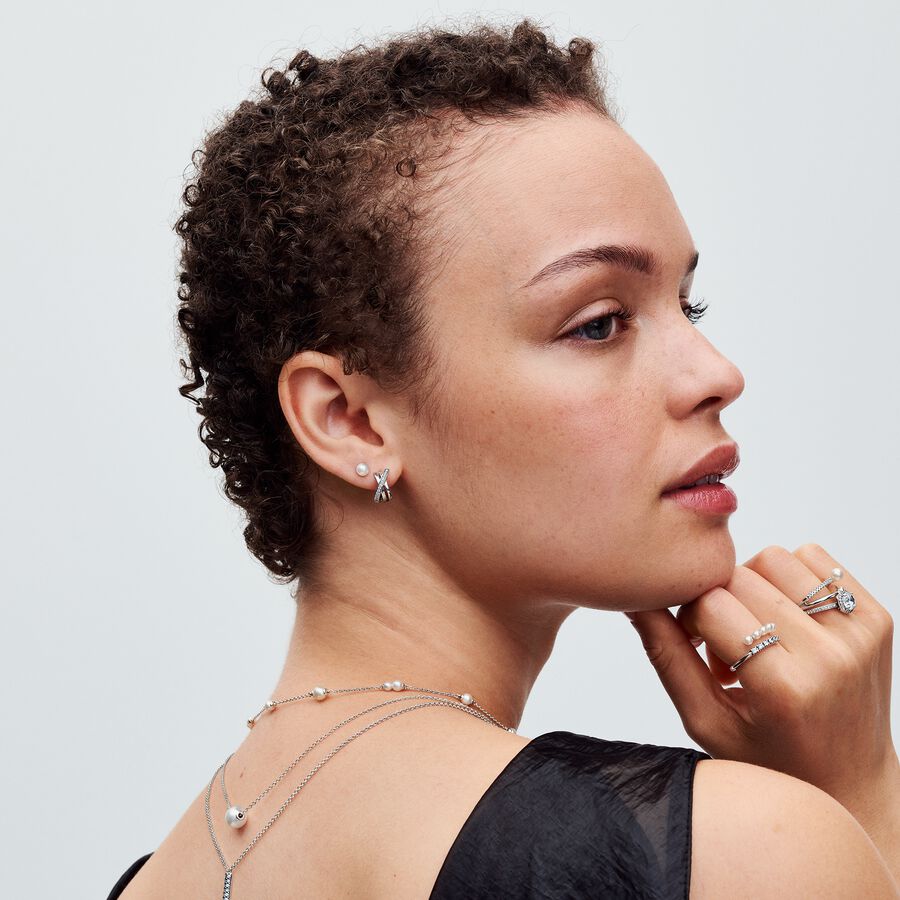 Silver Crossover Pave Hoop Earrings