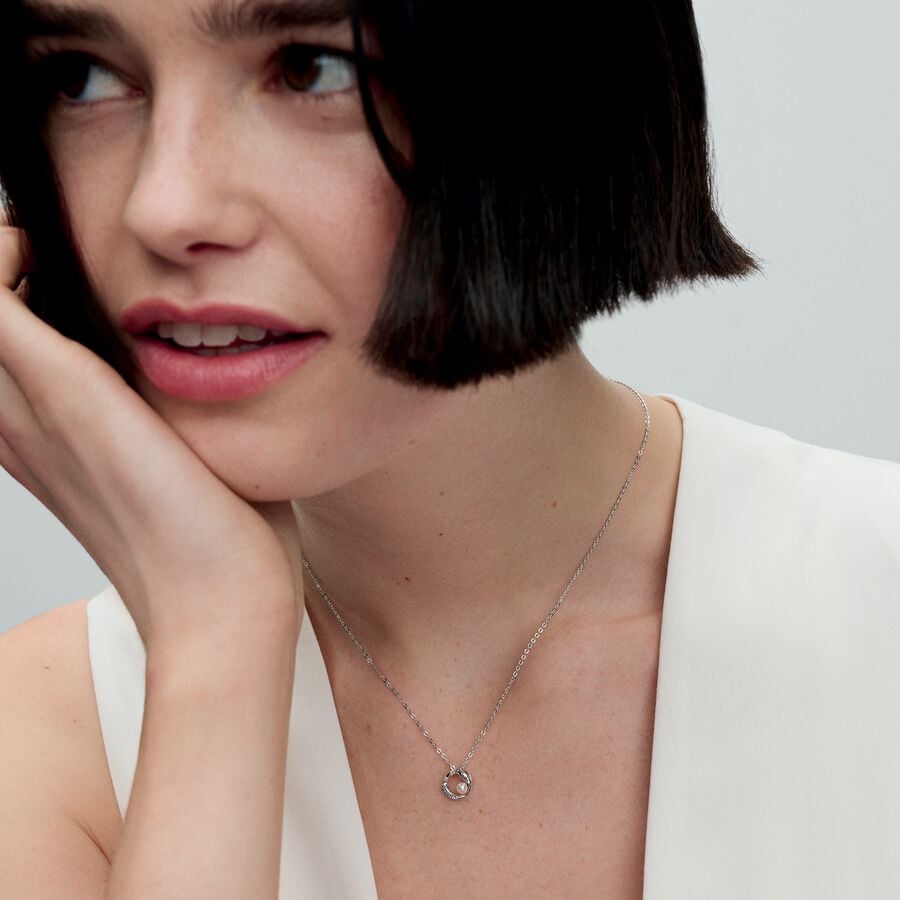 Silver Organically Shaped Pave Circle and Pearl Necklace