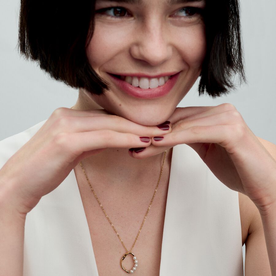 Gold Organically Shaped Pave Circle and Pearl Necklace