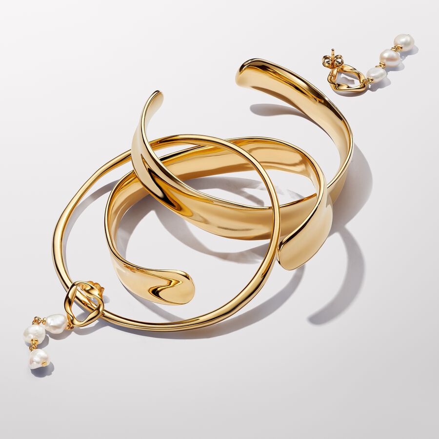 Gold Organically Shaped Circle and Baroque Pearl Drop Earrings
