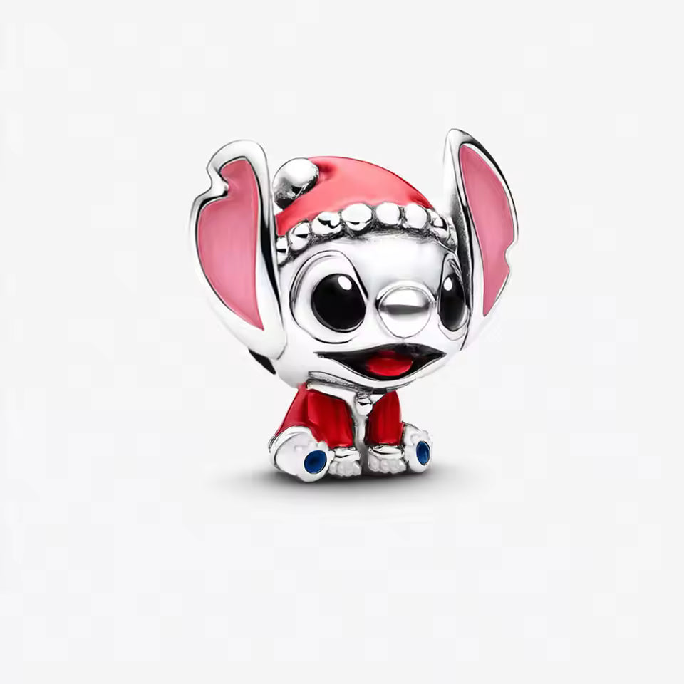 Disney Stitch wearing a Santa hat and squatting Charm