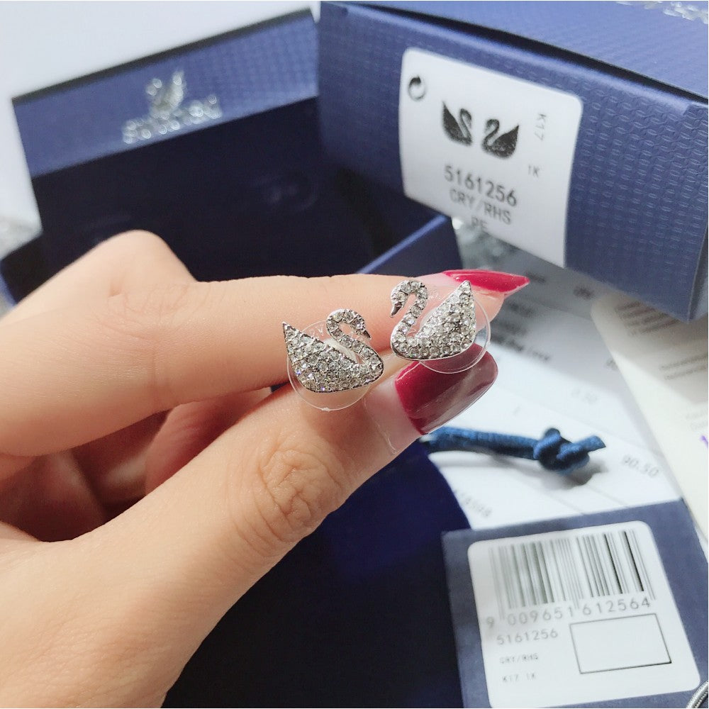 Swan Pave Stud Earrings, White, Rhodium Plated Crystal