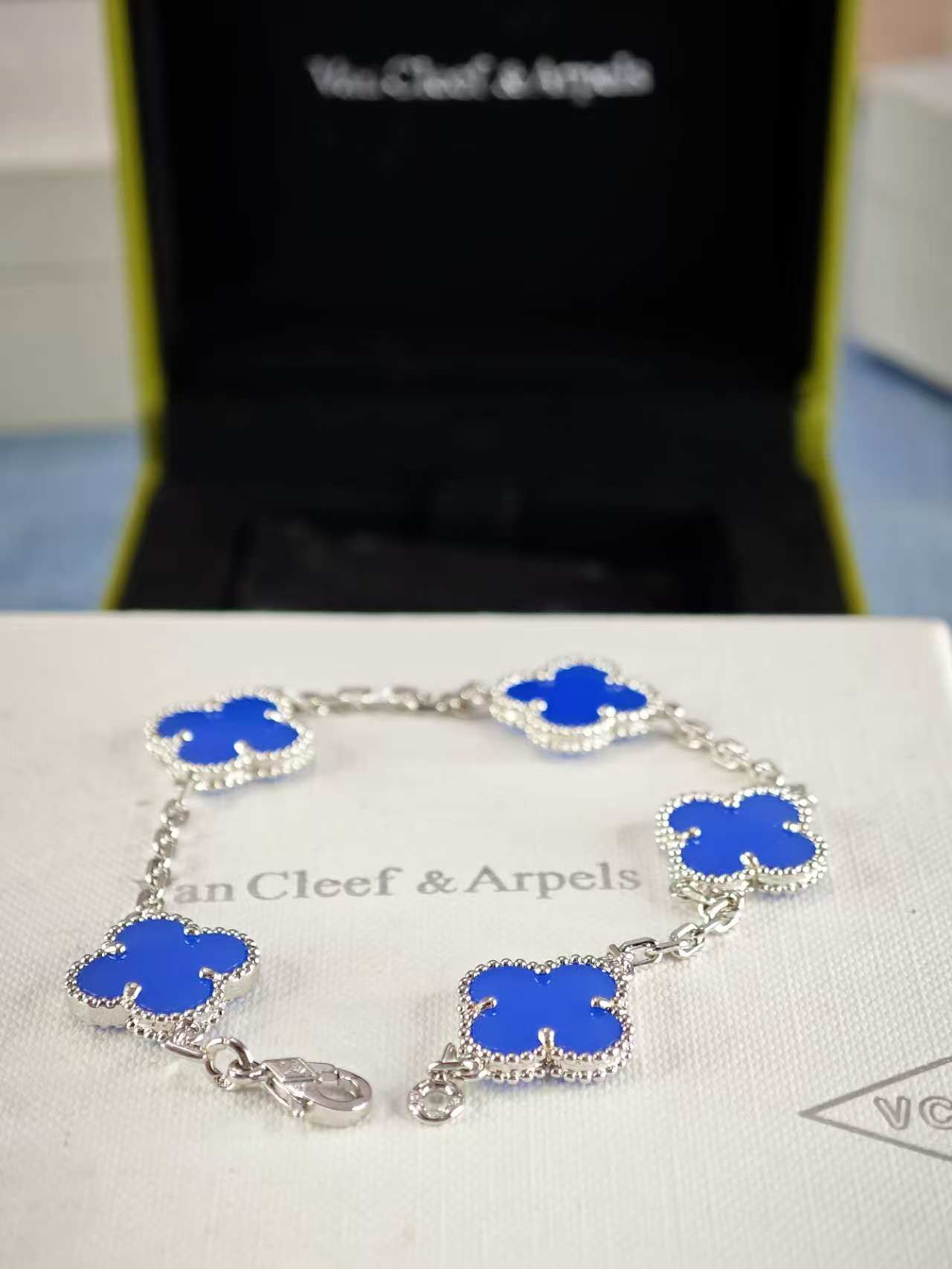 Four Leaf Clover Five Blue Flowers White Bracelet