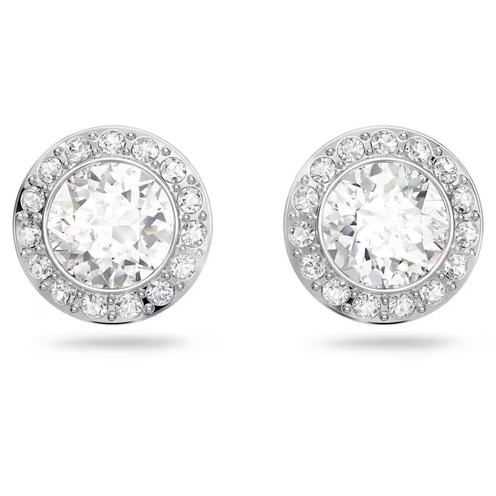 Una Angelic stud earrings, Round cut, White, Rhodium plated