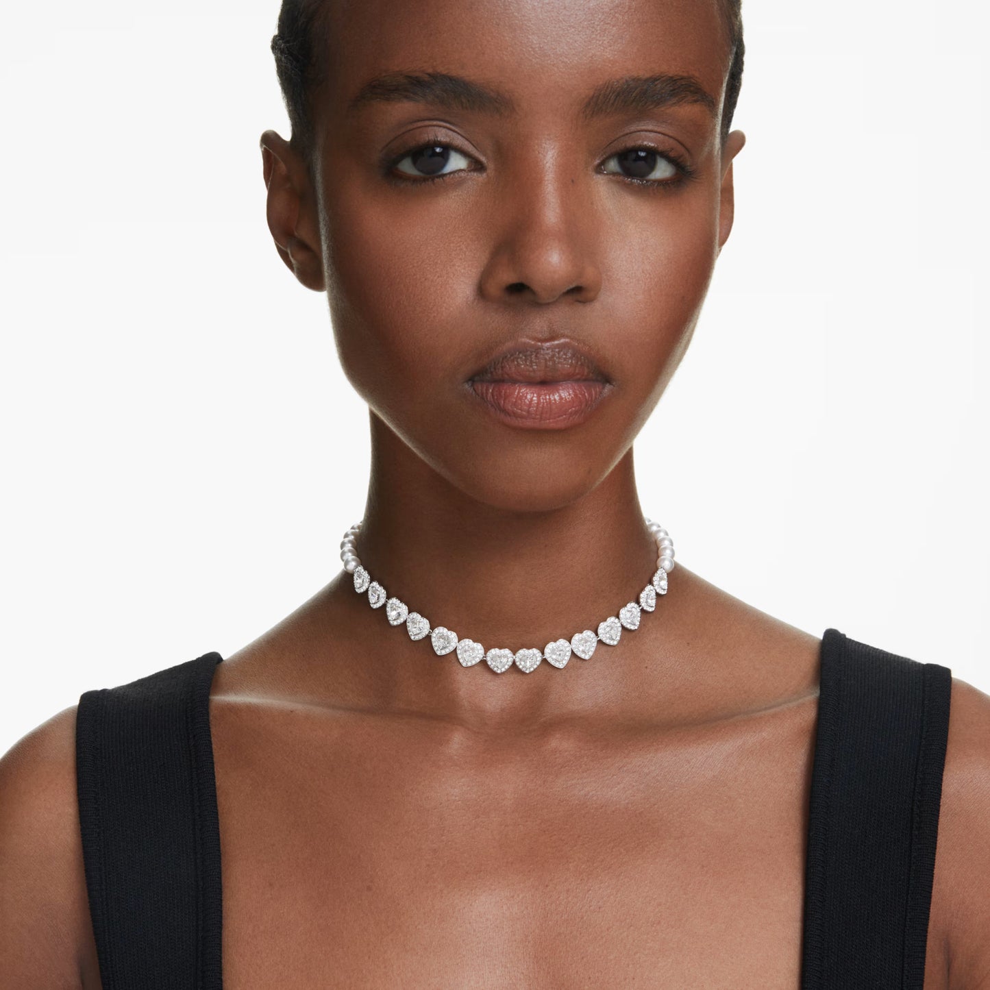 Ariana Grande Tennis Choker, Mixed cuts, Crystal pearl, Heart, White, Rhodium plated