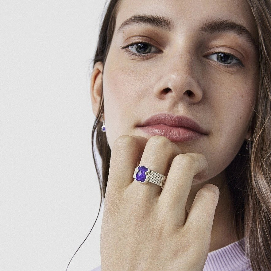 Silver Mesh Color Ring with faceted Amethyst Bear motif