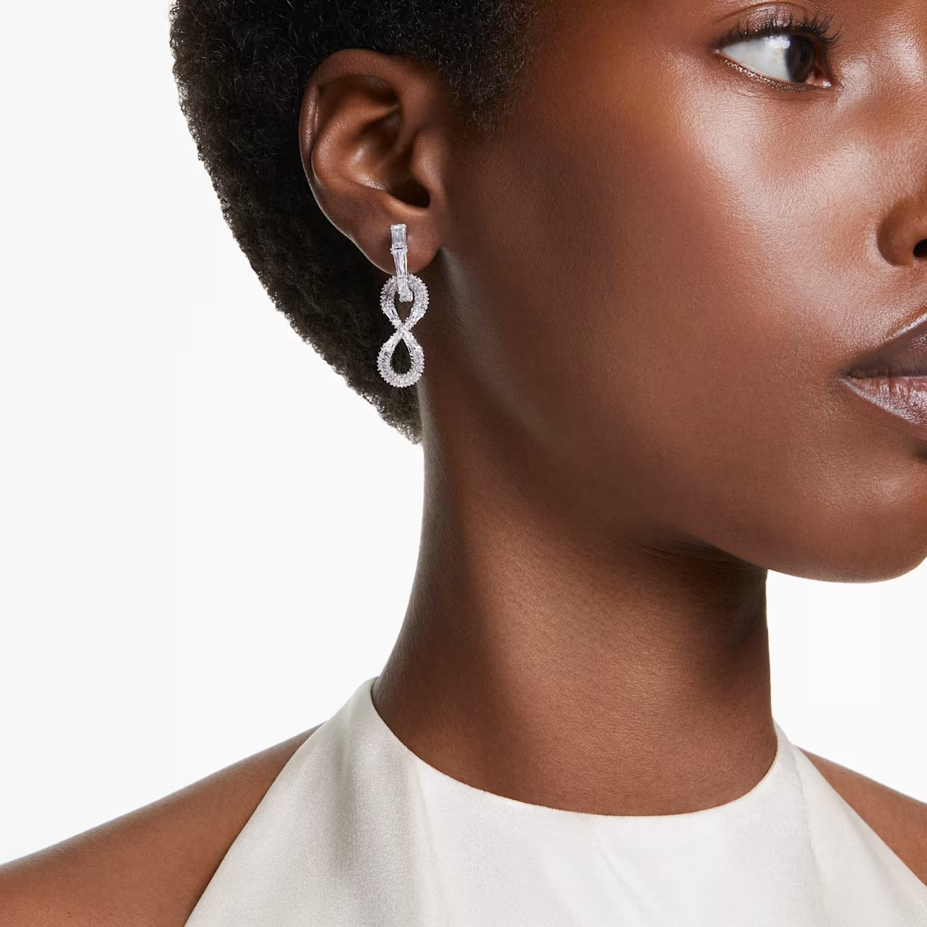 Hyperbola drop earrings, Infinity, White, Rhodium plated