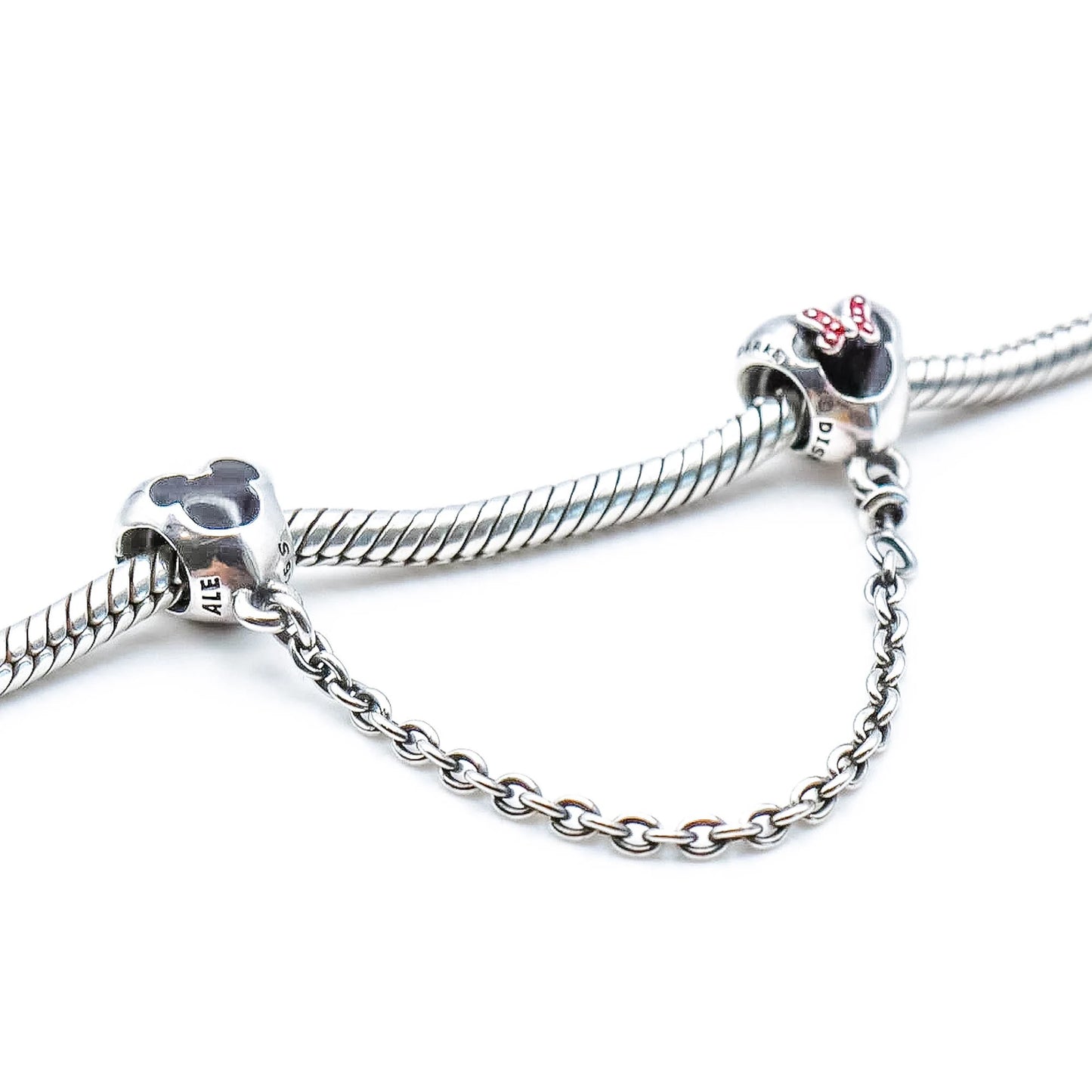 Disney Minnie & Mickey Sterling Silver Safety Chain With Black And Red Enamel