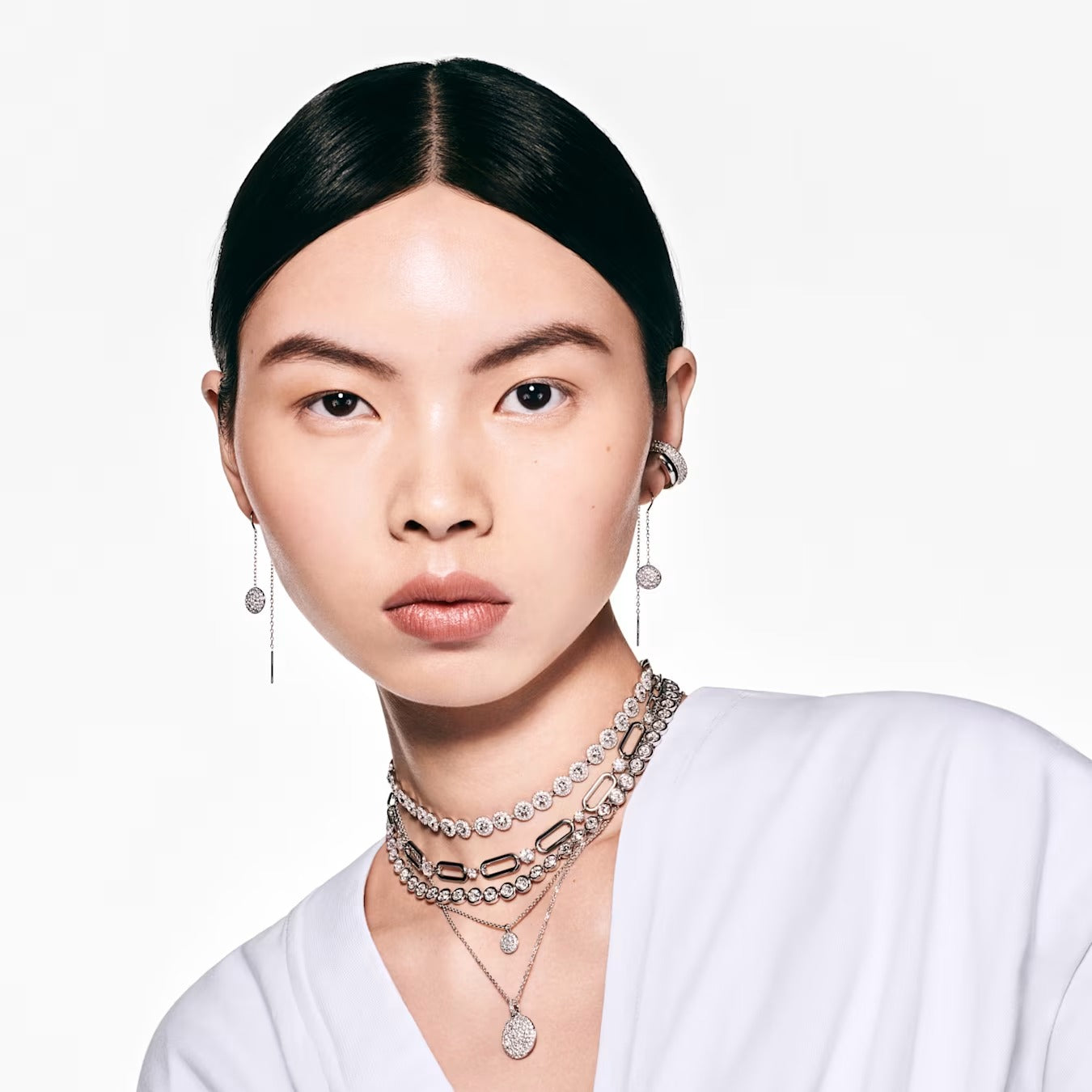 Meteora layered pendant Necklace, White, Rhodium plated