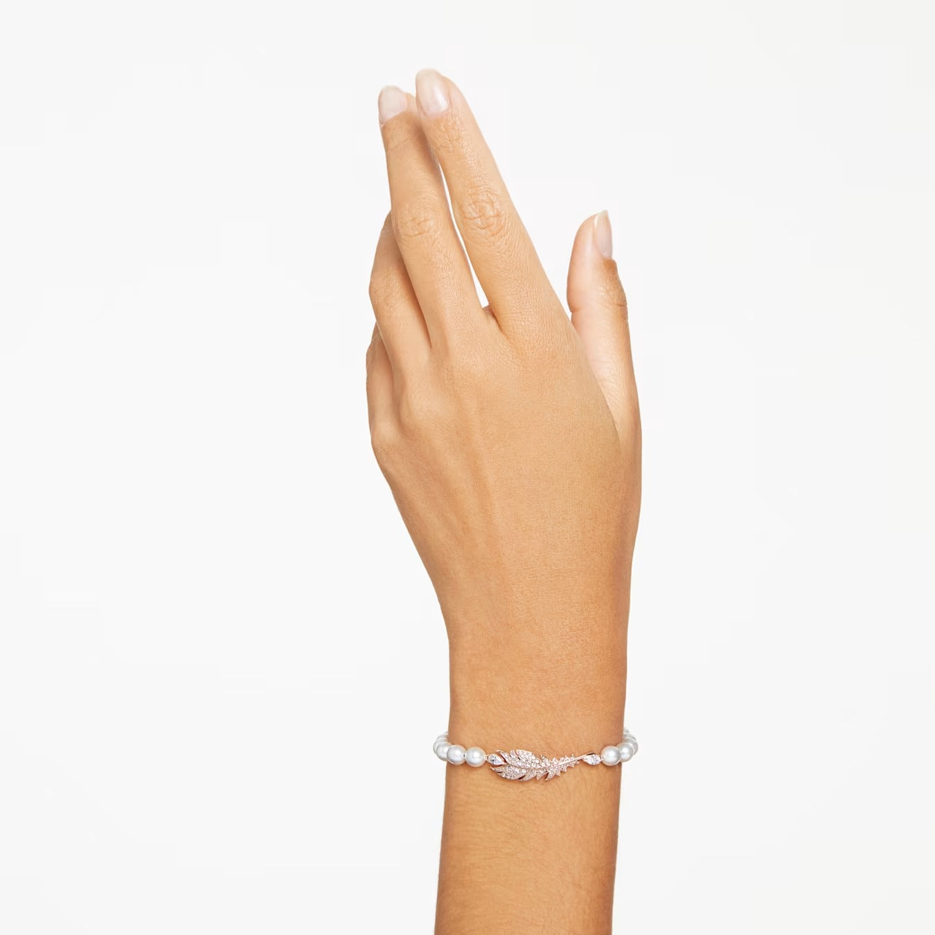 Nice bracelet Magnetic closure, Feather, White, Rose gold-tone plated