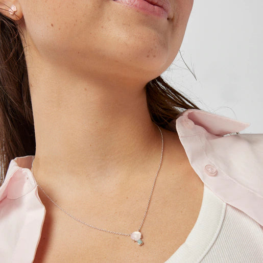 Mini Color Necklace in Silver with Pink Quartz and Amazonite