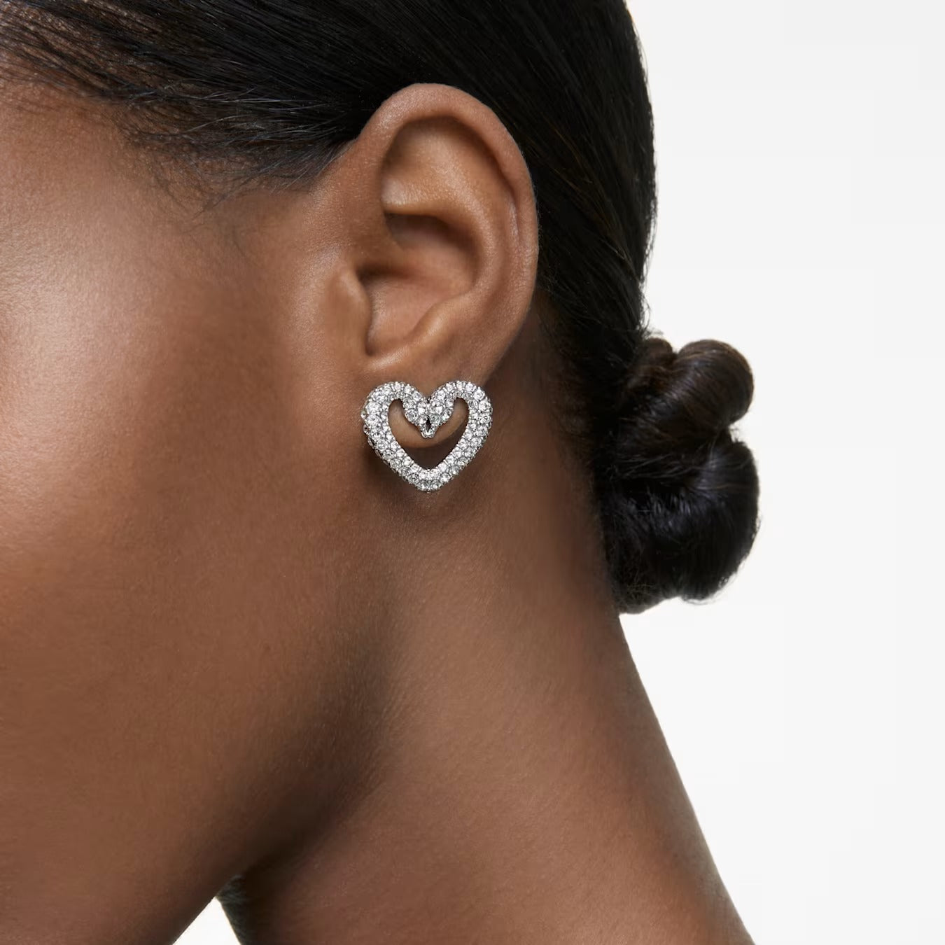Sublima Stud Earrings, Heart, Medium, White, Rhodium plated