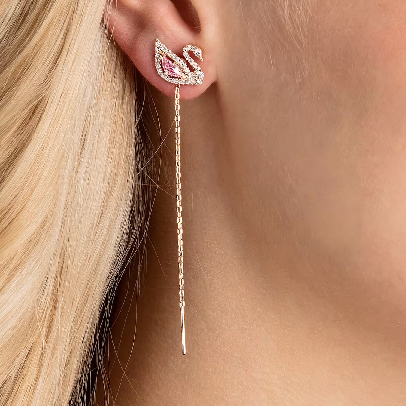 Swan drop earrings, Swan, Pink, Rose gold-tone plated