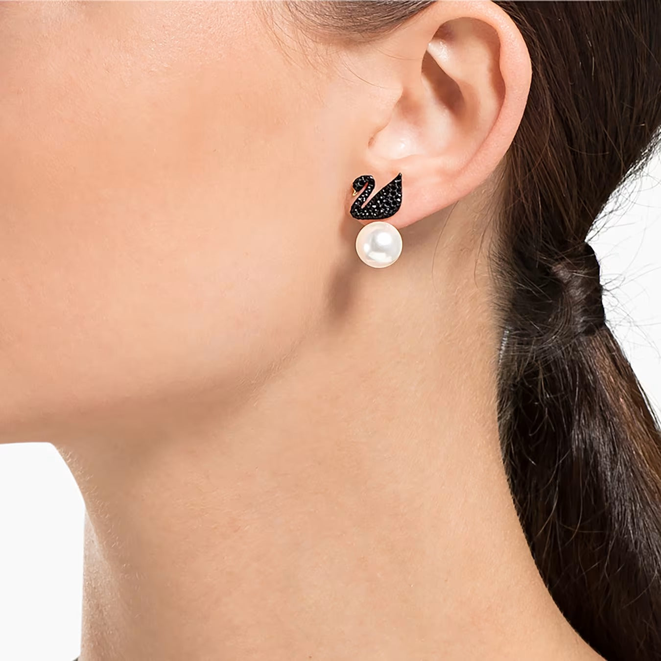 Swan earring jackets, Swan, Black, Rose gold-tone plated