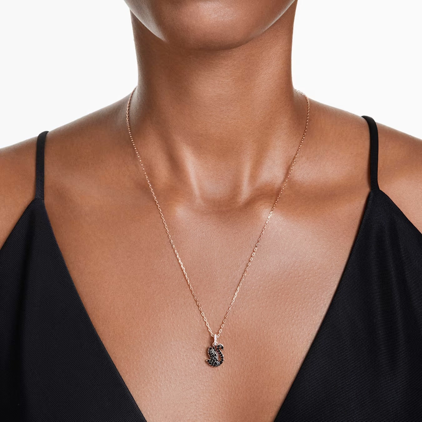 Swan Pendant Necklace, Swan, Small, Black, Rose gold-tone plated