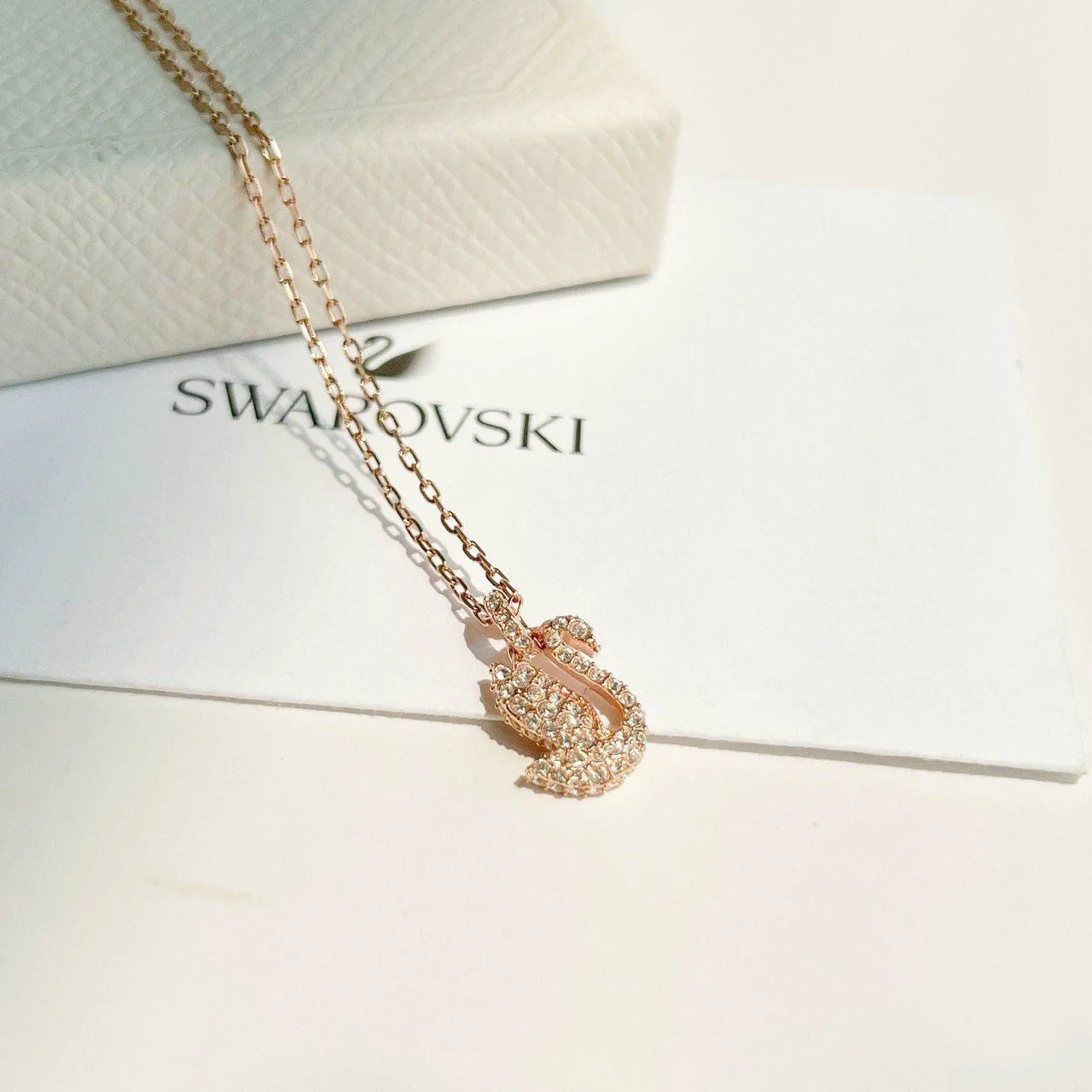 Swan Pendant Necklace, Swan, Small, White, Rose gold-tone plated