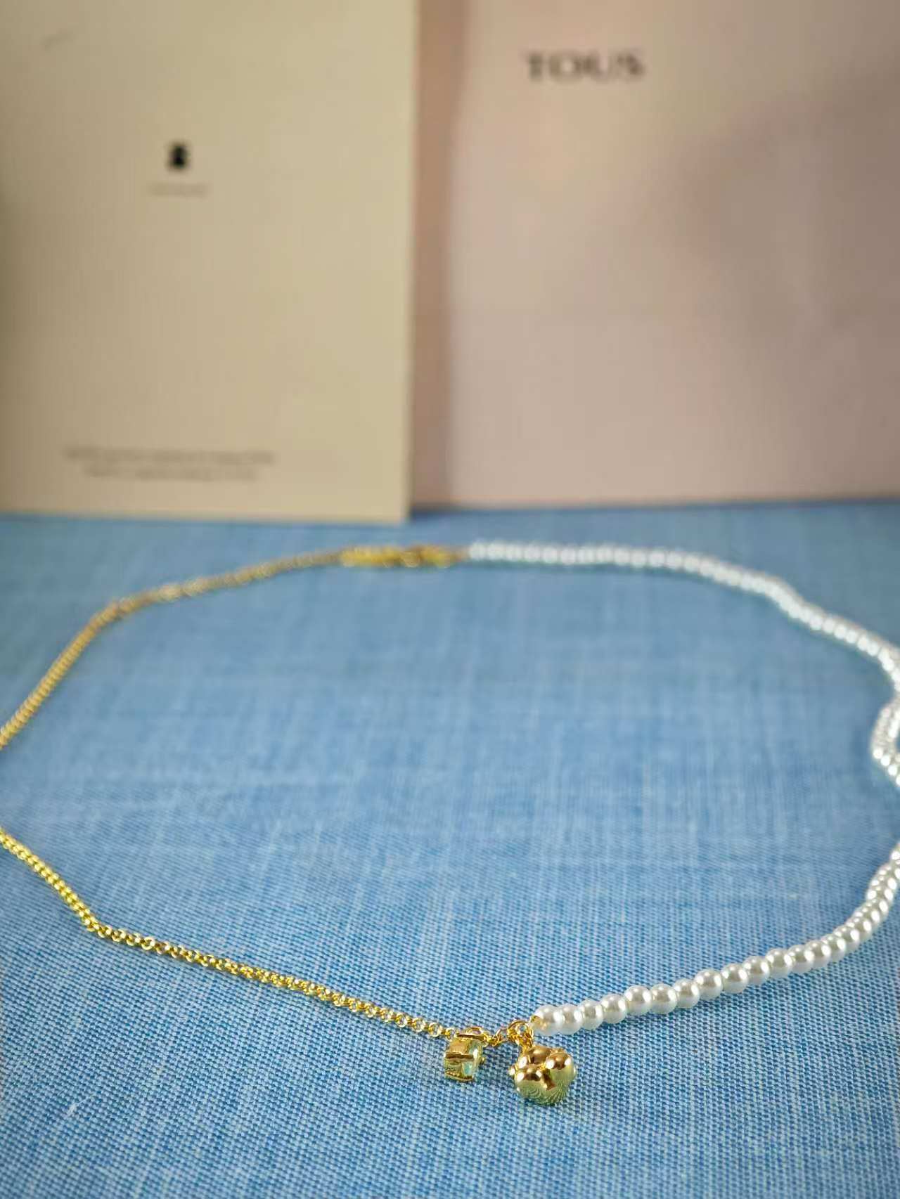 Short bear Necklace with gold plating over silver, cultured pearls and topaz Bold Bear