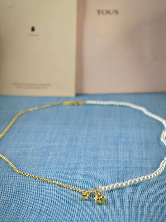 Short bear Necklace with gold plating over silver, cultured pearls and topaz Bold Bear