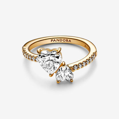Double Heart Sparkling Ring Gold Plated