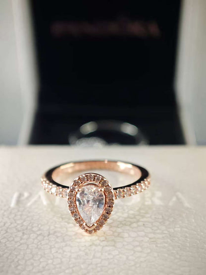 Sparkling Pear Halo Ring Rose Gold Plated