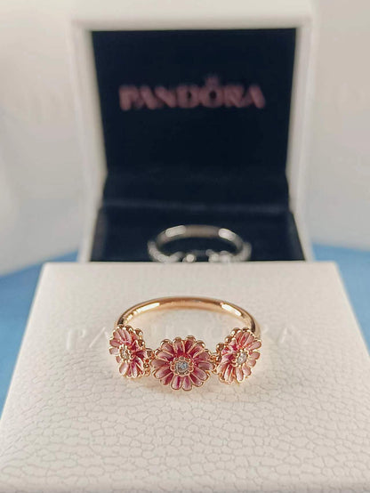 Pink Daisy Flower Trio Ring